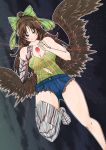  1girl alternate_costume armor ass_visible_through_thighs asymmetrical_clothes bare_legs bird_wings bow brown_eyes brown_hair camisole covered_nipples denim denim_shorts floating gauntlets hair_bow highres light_rays long_hair looking_at_viewer reiuji_utsuho short_shorts shorts single_thighhigh smile solo thigh-highs torn_clothes touhou twilight wings 
