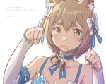  animal_ears bow brown_eyes brown_hair cat_ears character_name chibi choker cloba_(daeniel811015) copyright_name detached_sleeves felix_argyle hair_bow heart heart-shaped_pupils looking_at_viewer mouth_hold natsuki_subaru otoko_no_ko re:zero_kara_hajimeru_isekai_seikatsu short_hair symbol-shaped_pupils 