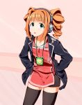  1girl black_legwear blue_eyes brown_hair collarbone hair_ornament hands_in_pockets headphones idolmaster jacket kouki371 open_clothes open_jacket open_mouth solo takatsuki_yayoi thigh-highs twintails 