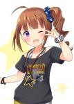  1girl :d ahoge ariel23795 bangs black_shirt blunt_bangs blush breasts brown_hair clothes_writing collarbone hair_ornament hair_scrunchie idolmaster idolmaster_million_live! jewelry long_hair looking_at_viewer necklace one_eye_closed open_mouth scrunchie shirt side_ponytail small_breasts smile solo star star_necklace starry_background t-shirt v violet_eyes wrist_scrunchie yokoyama_nao 