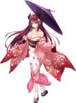 artist_request bare_shoulders brave_girl_ravens breasts cleavage floral_print flower full_body hair_flower hair_ornament horns japanese_clothes kimono large_breasts long_hair looking_at_viewer obi red_eyes redhead sandals sash simple_background smile standing tabi umbrella white_background wide_sleeves 