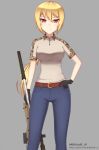  1girl america aor1_(camo) belt blonde_hair breasts camouflage denim gloves gun highres jeans large_breasts long_hair mikhail_n military military_uniform original pants ponytail red_eyes rifle sniper sniper_rifle solo uniform us_navy weapon 