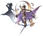  1boy blonde_hair boots brown_boots cape card cravat crescent_moon different_shadow gloves granblue_fantasy hat jewelry kaitou_chat_noir male_focus minaba_hideo monocle moon official_art shadow single_earring smile solo staff top_hat white_gloves 
