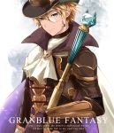  1boy blonde_hair cane copyright_name cowboy_shot cravat english granblue_fantasy hat highres kaitou_chat_noir looking_at_viewer male_focus monocle shinjou smile solo top_hat 