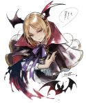  1boy bat bat_wings blonde_hair bowing cape granblue_fantasy green_eyes head_wings male_focus official_art parted_lips pointy_ears shingeki_no_bahamut signature simple_background smile solo translated vampire veight white_background wings 