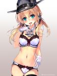  1girl :d anchor_hair_ornament aqua_eyes bangs black_hat black_legwear blonde_hair blush bow bow_bra bow_panties bra cowboy_shot eyebrows_visible_through_hair finger_to_mouth gloves gradient gradient_background grey_background hair_ornament hand_up hat head_tilt kantai_collection lace lace-trimmed_bra lace-trimmed_panties lingerie long_hair looking_at_viewer low_twintails open_mouth panties peaked_cap prinz_eugen_(kantai_collection) red_bow shirokitsune smile solo standing thigh-highs thigh_gap translation_request twintails underwear underwear_only white_bra white_gloves white_panties 