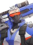  1boy artist_name covered_mouth cowlick holding holding_weapon male_focus overwatch pping scar simple_background soldier:_76_(overwatch) solo visor weapon white_background white_hair 