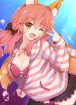  1girl animal_ears bra breasts cleavage collarbone fang fate/extra fate_(series) fox_ears fox_tail highres jewelry koga_rejini large_breasts necklace one_eye_closed open_clothes open_mouth open_shirt pink_bra pink_hair shirt solo tail tamamo_(fate)_(all) tamamo_no_mae_(fate) underwear yellow_eyes 