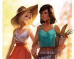  2girls bag black_hair blonde_hair bread breasts casual cleavage eye_contact facial_tattoo food hat jewelry locked_arms looking_at_another mercy_(overwatch) midriff multiple_girls navel necklace overwatch pharah_(overwatch) rokiwitch shopping_bag smile sun_hat tattoo yuri 