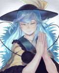  1girl :&gt; alternate_hair_length alternate_hairstyle aqua_eyes aqua_hair closed_mouth frills half-closed_eyes hands_together hat komeiji_koishi long_hair sabiirodoramu solo third_eye touhou wide_sleeves 