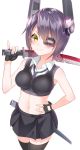  1girl alternate_costume armpits breasts checkered checkered_necktie cleavage eyepatch fingerless_gloves gloves hand_on_hip headgear highres kantai_collection looking_at_viewer midriff navel necktie over_shoulder pinky_out purple_hair scabbard sheath short_hair smile solo sword sword_over_shoulder tenryuu_(kantai_collection) thigh-highs weapon weapon_over_shoulder yasuto_(eria151) yellow_eyes 