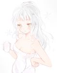  1girl bangs bare_arms bare_shoulders blunt_bangs bottle breasts cleavage collarbone holding holding_bottle long_hair looking_at_viewer marin_(myuy_3) milk_bottle naked_towel parted_lips simple_background small_breasts solo towel upper_body white white_background 