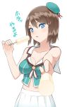  1girl blue_eyes breasts brown_hair cleavage foreshortening hair_ornament hat kantai_collection looking_at_viewer maya_(kantai_collection) midriff navel open_mouth pleated_skirt popsicle short_hair skirt solo translated x_hair_ornament yasuto_(eria151) 