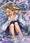  1girl barefoot blonde_hair closed_mouth collarbone flower green_eyes hair_ribbon hat looking_at_viewer lying moriya&#039;s_iron_rings moriya_suwako off_shoulder purple_skirt red_ribbon ribbon ribbon-trimmed_sleeves ribbon_trim sidelocks skirt smile solo touhou tress_ribbon water wide_sleeves zhu_xiang 