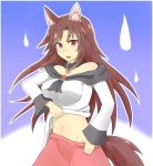  1girl @07_degrees_c animal_ears bare_shoulders breasts brooch brown_hair collar collarbone dress groin heart imaizumi_kagerou jewelry large_breasts long_sleeves looking_at_viewer midriff navel open_mouth red_eyes solo tail touhou wide_sleeves wolf_ears wolf_tail 