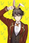  1boy animal_ears black_hair bolo_tie brown_eyes closers crown embarrassed formal hamu_(seu55) male_focus patterned_background rabbit rabbit_ears seha_lee solo suit sweatdrop upper_body yellow_background 
