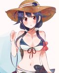  1girl adapted_costume alternate_costume bikini breasts chestnut_mouth cleavage hair_flaps hair_ornament hat itomugi-kun kantai_collection low_twintails machinery open_mouth purple_hair red_eyes sarong solo sun_hat swimsuit taigei_(kantai_collection) twintails whale whale_hair_ornament 