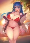  android animal_ears beach bikini blue_eyes blue_hair breasts cat_ears choker clouds curvy huge_breasts legs luco_san ocean palm_tree side-tie_bikini sky sunset swimsuit thick_thighs thigh_gap thighs tree wide_hips 