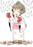  1girl apple apple_core biting boom_microphone brown_hair candy_apple closed_eyes commentary_request dual_wielding eating food food_on_face fruit gomennasai headgear holding holding_food japanese_clothes kantai_collection kimono long_sleeves obi open_mouth sash short_hair solo translated wide_sleeves yukata yukikaze_(kantai_collection) 