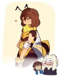  ? androgynous antennae asriel_dreemurr bee bee_costume between_legs blank_eyes blush brown_hair caribun closed_eyes commentary drooling fake_antennae frisk_(undertale) fur_collar fur_gloves furry gloves hand_between_legs hand_on_own_arm heart imagining insect_wings leotard open_mouth simple_background smile trembling undertale white_background wings 