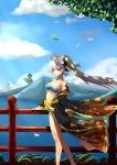  1girl absurdres bare_legs bare_shoulders bikini blue_bikini bow breasts cleavage clouds cloudy_sky collarbone fate/grand_order fate/stay_night fate_(series) frilled_bikini frills front-tie_bikini front-tie_top hair_bow hair_over_eyes hand_on_railing highres horns japanese_clothes kimono kiyohime_(fate/grand_order) leaf long_hair looking_at_viewer medium_breasts open_clothes open_kimono orange_eyes outdoors ponytail qi_meng_yi sky smile solo stomach swimsuit tree very_long_hair white_hair yellow_bow 