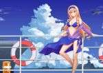  1girl aircraft airplane bikini blonde_hair blouse blue_hair cecilia_alcott clouds f/a-18e_super_hornet fighter_jet infinite_stratos jet long_hair military military_vehicle northman ocean open_blouse open_clothes sarong ship sky swimsuit warship watercraft 