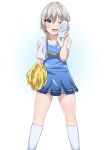  1girl anastasia_(idolmaster) blue_eyes cheerleader highres hot idolmaster idolmaster_cinderella_girls one_eye_closed open_mouth pom_poms short_hair silver_hair skirt smile solo spicy_moo sweat sweating towel wiping_face wiping_sweat 