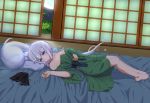  1girl bare_shoulders collarbone full_body full_moon futon hairband hairband_removed highres hitodama japanese_clothes kimono konpaku_youmu konpaku_youmu_(ghost) light_smile looking_at_viewer lying moon night night_sky on_back open_door pillow plant sasa_(weldan6) short_hair shouji silver_hair sky sliding_doors solo tatami touhou yukata 