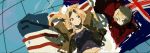  2girls american_flag arm_support arms_behind_head blonde_hair darjeeling girls_und_panzer kay_(girls_und_panzer) long_hair lying midriff multiple_girls naye on_back on_stomach sketch union_jack 