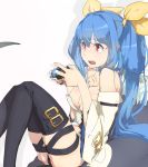  1girl bare_shoulders black_legwear black_panties blue_hair blush breasts cleavage controller detached_sleeves dizzy game_console game_controller guilty_gear highres long_hair navel open_mouth panties playing_games playstation red_eyes ribbon shirt sitting solo sorairo_usagi tail thigh-highs thigh_strap twintails underwear very_long_hair wings 