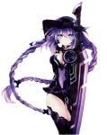  1girl blue_eyes braid breasts choujigen_game_neptune cleavage cleavage_cutout gloves hair_between_eyes hair_ornament highres holding holding_weapon leotard long_hair looking_at_viewer neon_trim neptune_(series) official_art power_symbol purple_hair purple_heart serious simple_background solo standing sword symbol-shaped_pupils thigh-highs tsunako turtleneck twin_braids very_long_hair weapon white_background 
