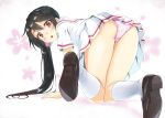  1girl all_fours ass bad_id black_hair blush commentary_request from_behind kneehighs knees_together_feet_apart loafers long_hair looking_at_viewer looking_back open_mouth original panties pantyshot pink_panties pleated_skirt red_eyes school_uniform scrunchie serafuku shoe_soles shoes short_sleeves side_ponytail skirt solo underwear very_long_hair white_legwear white_skirt zero_(miraichizu) 