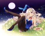  1girl ;q animal_ears bare_shoulders black_legwear blonde_hair blue_eyes breasts bunny_girl bunnysuit cleavage closed_mouth cup detached_collar fake_animal_ears food full_body full_moon grass hairband head_tilt highres holding holding_cup jug leg_up leotard looking_at_viewer lying medium_breasts moon night night_sky on_back one_eye_closed pantyhose plant rabbit_ears red_ribbon ribbon shinia shooting_star sky solo strapless strapless_leotard tongue tongue_out wrist_cuffs 