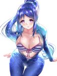  1girl bikini blue_hair blush breasts gorua_(youce01) large_breasts long_hair looking_at_viewer love_live! love_live!_sunshine!! matsuura_kanan parted_lips ponytail simple_background solo striped striped_bikini swimsuit violet_eyes wetsuit 