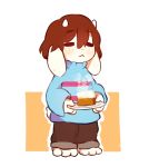  :&lt; animalization barefoot brown_hair caribun closed_eyes commentary frisk_(undertale) furry hair_between_eyes horns no_humans pie plate standing steam striped striped_sweater sweater tail undertale 