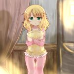  1girl :&lt; blonde_hair blush frills green_eyes hug idolmaster idolmaster_cinderella_girls looking_at_viewer object_hug pajamas pillow sakurai_momoka thigh_gap wavy_hair 