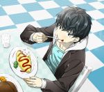  arizuka_(catacombe) black_hair blue_eyes chair checkered checkered_floor cup drinking_glass eating floor food food_on_face from_above hood hoodie jacket ketchup omurice open_clothes open_jacket original plate red_mask_(arizuka) table turkey_(food) 