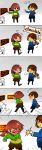  5koma absurdres androgynous blush bribery brown_hair chara_(undertale) chocolate_bar closed_eyes comic commentary_request creature english frisk_(undertale) froggit full-face_blush gameplay_mechanics gradient gradient_background highres hno3syo knife meiji_(brand) shirt shorts spoilers striped striped_shirt sweat sweating_profusely turn_pale undertale 