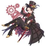 1boy adapted_costume boots brown_hair cravat crossed_legs earrings gears hat high_heel_boots high_heels jewelry kashuu_kiyomitsu katana male_focus mole mole_under_mouth nail_polish nightcat ponytail red_eyes red_nails smile steampunk sword top_hat touken_ranbu weapon 