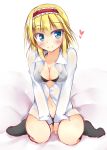  1girl :&gt; absurdres alice_margatroid black_bra black_panties blush bra heart highres kuzumomo navel panties see-through shirt sitting solo touhou underwear wariza 