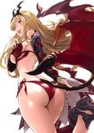  1girl ass bikini black_gloves blonde_hair breasts demon_tail gloves high_heels highres hika_(hikara) index_finger_raised long_hair looking_at_viewer lord_of_vermilion medium_breasts milia_(lord_of_vermilion) open_mouth pointy_ears red_bikini red_eyes shoes side-tie_bikini simple_background smile solo swimsuit tail white_background 