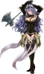  1girl armor armored_boots arms_up axe boots breasts camilla_(fire_emblem_if) fire_emblem fire_emblem_if full_body gauntlets hair_ornament hair_over_one_eye highres knee_boots large_breasts long_hair open_mouth purple_hair simple_background smile solo standing violet_eyes wavy_hair weapon white_background 