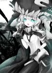  1girl black_gloves bodysuit cape cowboy_shot gloves glowing glowing_eyes headgear kantai_collection long_hair looking_at_viewer microphone music nanase_nao open_mouth pale_skin shinkaisei-kan silver_hair singing solo teeth tentacles white_skin wo-class_aircraft_carrier 