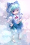  1girl amo barefoot blue_eyes blue_hair bow cirno full_body hair_bow hand_on_hip highres ice ice_wings open_mouth solo sparkle touhou wavy_hair wings 