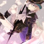  1boy adjusting_clothes adjusting_hat artist_name blonde_hair blue_eyes cane cape card cravat granblue_fantasy hat highres jewelry kaitou_chat_noir looking_at_viewer male_focus monocle nisei_(tanny) single_earring smile solo 