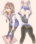  1girl :p adjusting_glasses ahoge arm_support arms_at_sides bangs black-framed_eyewear black_legwear blue_eyes braid breasts brown_hair closed_mouth commentary_request crotch_seam drawstring from_below glasses hair_ornament hair_over_shoulder hair_scrunchie hand_on_own_thigh highres hood hood_down hoodie leaning_forward legs_apart long_sleeves looking_at_viewer multiple_views no_shoes original outline over-rim_glasses panties panties_under_pantyhose pantyhose pantyshot pantyshot_(sitting) pantyshot_(standing) pavement polka_dot polka_dot_panties running_bond scrunchie sekira_ame semi-rimless_glasses shadow shoes sitting sketch skirt small_breasts smile socks standing suspender_skirt suspenders thighband_pantyhose tongue tongue_out twin_braids twintails underwear upskirt 