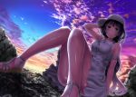  1girl asamurasaki baseball_cap blue_eyes breasts closed_mouth clouds convenient_leg dress dutch_angle hand_behind_head hat jewelry long_hair medium_breasts necklace original outdoors pink_hair rock sandals sitting sky sleeveless sleeveless_dress smile solo sunset very_long_hair white_dress 