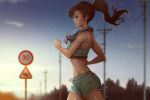  1girl artist_name bare_arms bare_shoulders blue_sky brown_eyes brown_hair closed_mouth cowboy_shot earphones forest from_side green_shorts hair_tie long_hair magion02 morning nature original outdoors ponytail power_lines profile red_lips road_sign running shorts sign sky sleeveless solo sportswear sunlight sunrise tank_top telephone_pole towel towel_around_neck 