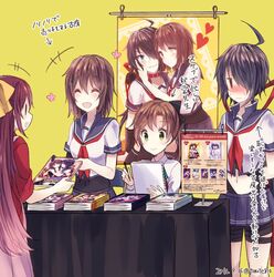  4girls :d ^_^ ahoge akigumo_(kantai_collection) arms_behind_back bangs black_hair blush bodysuit book bow brown_hair closed_eyes collar cover cover_page dated dog_collar doujin_cover full-face_blush furutaka_(kantai_collection) gradient_hair green_eyes hair_bow hair_ornament hair_ribbon hairclip hakama heart holding holding_book holding_pencil japanese_clothes kabocha_torute kako_(kantai_collection) kamikaze_(kantai_collection) kantai_collection kerchief kimono long_hair long_sleeves looking_at_viewer messy_hair midriff multicolored_hair multiple_girls navel open_mouth parted_bangs pencil pink_hair pink_hakama pleated_skirt ponytail poster_(object) purple_hair remodel_(kantai_collection) ribbon school_uniform serafuku shirt short_hair short_sleeves single_elbow_glove skirt smile translation_request twitter_username white_shirt yellow_background yellow_ribbon yuri |_| 