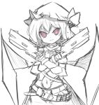  1girl bat_wings belt bodysuit cosplay cowboy_shot crossed_arms crossover dual_wielding earrings gauntlets gun hat hat_ribbon jewelry light_smile looking_at_viewer mob_cap navel overwatch parted_lips reaper_(overwatch) reaper_(overwatch)_(cosplay) red_eyes remilia_scarlet ribbon short_hair shotgun simple_background sketch solo spot_color touhou tsurime vils weapon white_background wings 